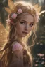 Placeholder: Pointed elven ears,Blonde hair ,Pink dress,Sparkling fairy wings,Very long golden hair,Fairy crown,pointed ears,elven ears,fairy wings,water lilies,sparkling,glittering,flowers,blossoms,golden crown,light pink dress