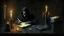 Placeholder: death man, on old desk, writing on old book, black tunike, on oldest throne on stone, candles, dirthy atmosphere, background darkness