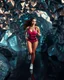 Placeholder: make a picture pretty cave made of crystal and metallic 3d fractal recursive cubic and sphere base structures and a beautiful fashion model lady with cute,curvy long hair,makeup, in pretty sports suit is running inside cave ,dynamic camera fallow her inside cave capturing full body, dynamic lights.