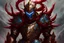 Placeholder: silver and crimson lightning Raijin knight, blue electric horns that sprout forwards, a silver mask that covers the lower face, golden highlights throughout the armour, electricity emitting from the armour as a lightning arch appears from the back, crimson hair appearing out of the helmet