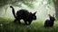 Placeholder: A black cat staring a white rabbit in the forest.