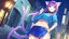 Placeholder: Girl,man ,purple hair, cat ears, cat tail, blue skirt, open navel, short green shirt, night in town ,with tongue out, collar on neck