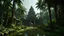 Placeholder: cambodia lost temple of jungle palms in the center of a lush garden surrounded by a band that flows in The four rivers of fantasy art 3d realistic 8k