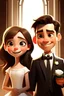 Placeholder: Portada de Pixar en una boda, una chica joven con vestido blanco de novia cabello castaño largo y ojos cafés sonriendo, junto a un chico joven alto con traje negro y moño negro cabello castaño corto y ojos cafés en su boda