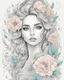 Placeholder: Abstract line art: beautiful, mesmerized drawing skatche girl in her hair nice flowers and in a beautiful flowering dress :: pastel colored flower tatoo, freedom of expression. " line art style