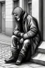 Placeholder: One single mature homeless eagle with worn out clothes, sitting in a corner on the street, guitar standing on the left side, Vienna, mourning, model style, hyper realistic, extremely accurate, delicate, extremely detailed, Graphic novel style, wide-angle, open aperture, superfine pencil