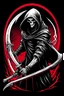 Placeholder: hooded Grim-Reaper gripping scythe, vignette, black and white graphic novel style with a red outline, and black background,