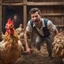 Placeholder: Hyper Realistic a chicken is beating a handsome-young-farmer from its beak inside a chicken coop with scared expressions on farmer's face few haystacks behind & feathers whirling dramatic & cinematic ambiance