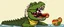 Placeholder: crocodile dog with fluffy hair, doing dog things and eating hot dogs, and mustache man