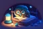 Placeholder: cute chibi bioluminescent owl in sleeping cap is reading a book in a wooden bed at night in starshine