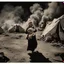 Placeholder: A Palestinian woman wearing the Palestinian dress carries her dead son as she screams and cries at night, with explosions in refugee tents behind her.