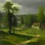 Placeholder: A gray village near a forest painted by George Inness