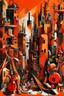 Placeholder: A dark orange colored cyberized city with jazz instruments painted by Pablo Picasso