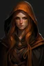 Placeholder: half-elf female rogue with fair skin golden eyes long copper-colored hair soft features pointy ears wearing a black hooded cape