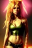 Placeholder: portrait, Shakira, blonde artist, angry, Realistic image, latex style dress. baseball bat, loose long hair, eyes make up, perfect, glow, circle iris. Neon colors, leds, geometric shapes. Dark background, photo studio, neon lights. Mad max, concept art, smooth, unreal engine 5, god lights, ray tracing, RTX, lumen lighting, ultra detail, volumetric lighting, 3d, finely drawn, high definition, 4k.