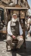 Placeholder: Full length photograph of a 58 year old, strong and chubby Neapolitan antiques dealer, at the street market, elegantly dressed, old glasses, short white beard, short shaved hair, under the sun, stocky, open shirt, hairy chest, sitting in a furniture stall of antique and mirrors, big belly, big shoulders,, sunlight, ambient occlusion, side light, photorealistic, side view from the ground
