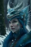 Placeholder: Portrait of Dragon Queen, wearing a green-blue dragon crown, decorated with crystals in mystery snowy forest, realistic details, looking strait