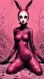 Placeholder: Goth Asian woman, lying pose, rabbit mask, pink short hair, latex suit, highly detailed, fullbody, splashes blood, behind guts rising from the ground, papercut illustration by <John Kenn Mortensen>, darkred tones,