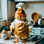 Placeholder: A funny and cute chicken in the shape of a human wearing cooking clothes that look the same color as his skin in the kitchen, cooking and carrying a pot of eggs.