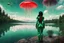 Placeholder: Photorealistic Photo Of A long black-haired woman in a green robot suit, Looking Out Over A Lake With jellyfish with red Tentacles, Tall Narrow Cloud Trees In The distance with an alien sky