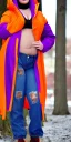 Placeholder: Bright-color-haired woman.fit,thick thighs,thick calves,flat belly,curvy fell, slim. Mantle is sewed of upcycled Denim and sewed together of camouflage pieces. Pieces' color are orange, cream and purple. Cream latex gaiters.It is with big bright purple felt tippet and cream-colored-hood. mantle has a hood. Big AKG-style headphones (gold rings!) is merged with small felt cap with small visor. Style: Haute Couture in 1920's, N.Y.C fashion in 1996, inspired by street art.