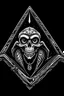 Placeholder: rat fink skeleton in a black hooded cloak drawn in a retro mascot style, inside a light diamond shape on a black background, monochromatic