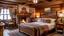 Placeholder: An old-fashioned bedroom with a wooden bed, a fireplace, and various antique furniture items. The room has a rustic, cozy atmosphere with wooden walls and ceiling beams