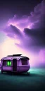 Placeholder: An old caravan at the bottom of an streaming river, lots of clouds within neon lights, thunder