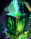 Placeholder: a slimy dripping gelatinous cube in vast dungeon cave room with treasure chests rpg art painterly