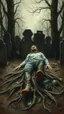 Placeholder: Bosch painting style nightmare, a man with legs looks like tree roots , laying down in a graveyard , dramatic sad scene, fantasy,