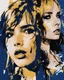 Placeholder: Poster in two gradually, a one side the Singer Danish MØ face and other side the Genna Ortega face, painting by Yoji Shinkawa, darkblue and gold tones,