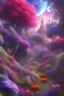 Placeholder: digital illustration, a world full of life divine thrill of biological tranquil sky, flowers, bright color splashes, high detailed 8 k,ufo rainbow