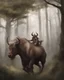 Placeholder: Minotaur, half man. Half bull crw majestically galloping through the dense forest in the style of Doug Hyde , fantastical landscape, soft strokes , mythology portrait, classic illustrated digital design