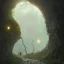 Placeholder: 4k realistic rubble path leading to giant portal glowing covered by vines appearing in misty cave with lanterns illuminating cave by greg rutkowski