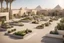 Placeholder: public area with giza pyramids, modern street seating , planters, shops