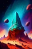 Placeholder: Towering starship fortress in red desert landscape with blue and green mineral rocks nebula starry sky painterly rpg art