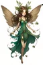 Placeholder: Forest fairy with iridesand teal wings and a cute short leaf dress and pointed ears and multiple vine earings and ear cuffs flying through a mythical forestand brown wavy hair trailing her