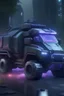 Placeholder: wartorn mobile command vehicle on a holographic battleground in an extraterrestrial metropolis