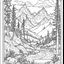 Placeholder: Outline art for coloring page with a cute mountain landscape white background, sketch style, only use outline, clean line art, white background, no shadows, clear outline reprezentand o imagine pe tema halucinatiilor provocate de droguri , cu culori primare tari, fantezie de înaltă definiție calitate clară, stiluri de Utagawa Hiroshige, Paul Klee Dee Nickerson și Tim Burton, acuarelă topită și contururi de cerneală neagră pe hârtie umedă, linii moi, umbrite