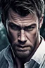 Placeholder: Portait young chris hemsworth as fantasy alpha werewolf in human form very muscular short cropped black hair and stubble on chin, tribal tattoos wearing white button up shirt with rolled up sleeves realistic face, close-up, dark fantasy, fantasy forest, intricate details, hyper detailed, photograph