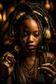 Placeholder: earthy black young woman listening to music with small old school headphones, soul, peace, majestic, earthy colours, at peace, happy, incense, jewels, bands, natural, old school headphones, blasian eyes, incense, very dark skin, crystals, gold arm bands, locs with beads, mouth slightly open, full lips with liner, baby hairs