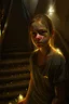 Placeholder: portrait of young angry washing lady, fireflies , staircase hall, 4 k, down light, depth of field, trending on art station, high detail, cracked ground