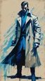 Placeholder: a photo painting of a man in a trench coat, in combat stance, artgram, cobalt blue, cyan, beige and grey color scheme, reduce character duplication, epic, detailed color scan, moderate glitch pattern visual noise, tint leak