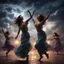 Placeholder: Hyper Realistic happy young-Pushto-women dancing with cloudy sky & dramatic ambiance at night