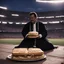 Placeholder: In the center of the frame, the Priest of the Red Redemption lies back against several soft, disheveled pillows in a desolate municipal baseball stadium during twilight. He holds a large, handmade, multi-layered sandwich (crusty sourdough, turkey, melting cheese) poised for a bite. An unlit cigarette dangles from his lips as he clutches a crumpled black-and-white photograph close to his chest—a psychedelic tape infinite loop dance playing in a raw 35mm fisheye perspective. One hand covers his ey