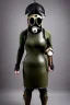 Placeholder: Steam-punk style gas-mask. Large fencing mask covers chin and cheeks. Hood. Reflective surface on face, full coverage, reflective. Black ball eyes. Head full of integrated old-fashioned cameras and phone. Army green surfaces body, latex. Perfect body, thick thighs and calves. Asa Akira's body. Wide hip, skirt bleats nicely. Partly symmetrical. Straitjacket. Rusty and decayed background. Steam-plunge air-bottles. Euclidean 3D-tiling walls. 5th dimensional surface structures. Oppressive atmosphe