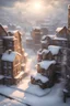 Placeholder: As the first day of winter arrives, the city is blanketed in a thick layer of snow. The sun's rays peek through the clouds, casting a warm glow on the hyperrealistic city houses. Imagine the intricate details and textures that could be rendered in this scene.