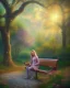 Placeholder: park mystical dream, park bench, man, woman, child, dog, trees, path, bird, sunshine, mystical, fantasy, romanticism, pastel colors, daylight, daytime, acrylic painting, detailed, soft focus,