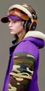 Placeholder: Brunette she. average body type. Mantle is sewed of recycled Denim and sewed together of camouflage pieces. Camouflage colors are orange,terracotta, cream and purple. It is with big bright purple felt tippet and cream-colored-hood. mantle is merged with satchel. . AKG-style headphones (gold rings!) is merged with small felt cap with small visor. Style: Haute Couture in 1936, Paris fashion in 2023, inspired by street art. Cream latex gaiter. Her head and rest body!