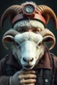 Placeholder: with heading (autofarm) in poster form,a portrait of a fat head mechanic sheepman, man is eating a hybrid mixed body part sheep, giant eyes sheep alien style H.R giger look